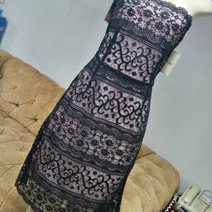 Chic Strapless Lace Dress in Black and Pink Sz XS